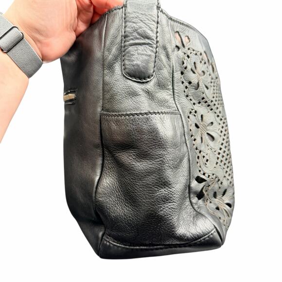 Isabella Fiore Black Leather Laser Cut Floral Shoulder Hobo Bag - Picture 14 of 16